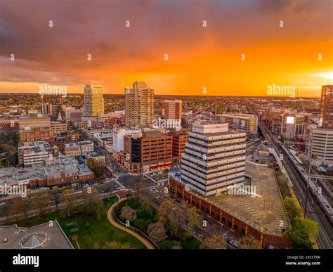 Aerial sunset view of downtown New Brunswick in New Jersey with office ...