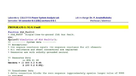 Laboratory: 22EECP706 Power System Analysis Lab Results and Simulations ...