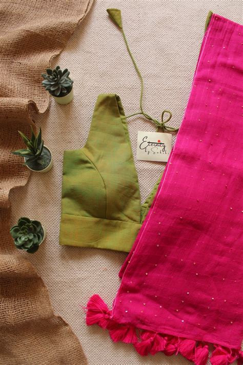 Pink Tara Saree + Green Petal Blouse Combo – Eternity by Sakshi