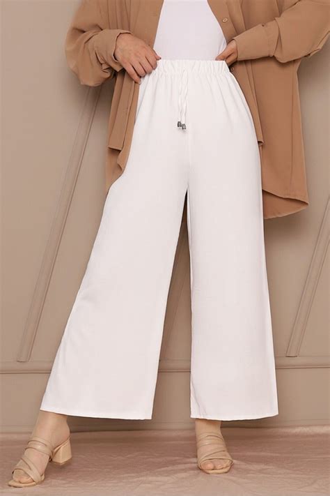 White Lace-Up Detail Wide-Leg Elastic Waist Pants | HİJABAYA