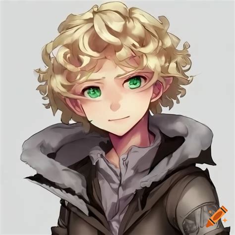 Anime halfling with short curly blonde hair and grey jacket on Craiyon