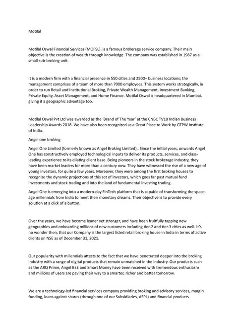 Updated Economics project Brokerage Firms - Motilal Motilal Oswal ...