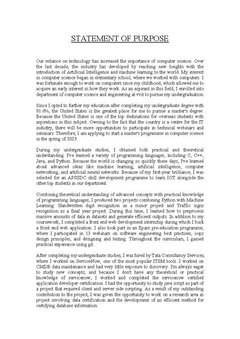 Sreya sop - STATEMENT OF PURPOSE Our reliance on technology has ...