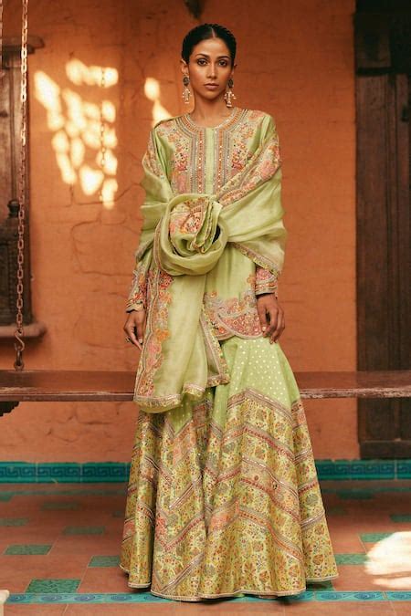 Buy Green Organza, Chanderi Beads, Embroidery Round Neck Pista Kurta ...
