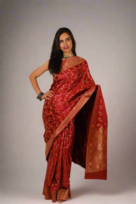 Buy Wine Red Meena Satin Silk - Banarasi Saree Online | Silken Saga ...