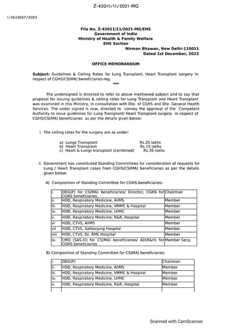 CGHS/ CS(MA) Guidelines and ceiling rates for lung transplants, heart ...