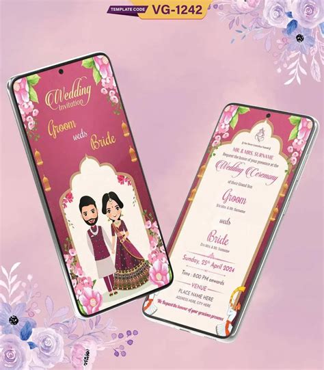 Indian Cartoon Couple Wedding Invitation Card | Traditional Floral Sha ...