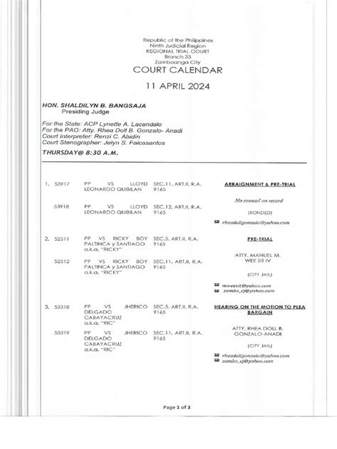 Sample Court Calendar | PDF