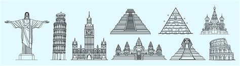 Iconic landmarks line art, isolated | Free Vector - rawpixel