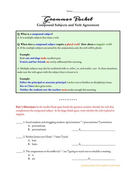 SOLUTION: grammar packet compound subjects and verb agreement ...