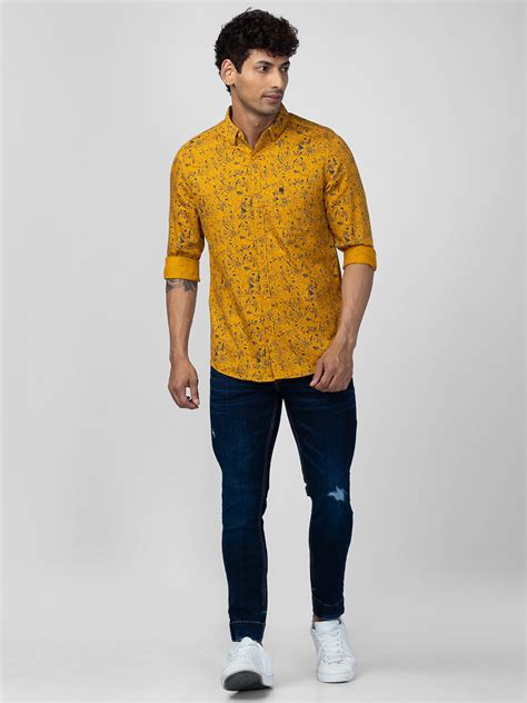 Spykar Men Mustard Yellow Cotton Slim Fit Printed Shirt ...