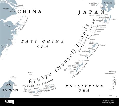 Ryukyu Islands, or Nansei Islands, gray political map. Ryukyu Arc, a ...