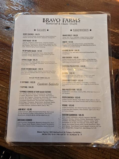 Menu at Bravo Farms Restaurant, Tulare
