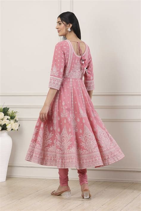 Buy Pink Cotton Ethnic Motif Printed Anarkali Suit Set Online at Biba India
