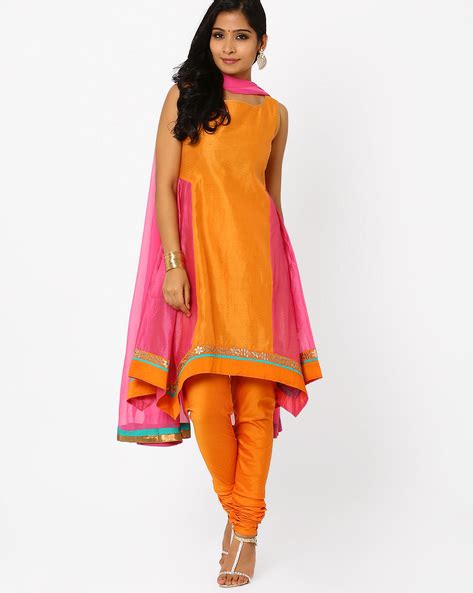 Buy Orange AJIO Embroidered Churidar Kurta with Dupatta | AJIO