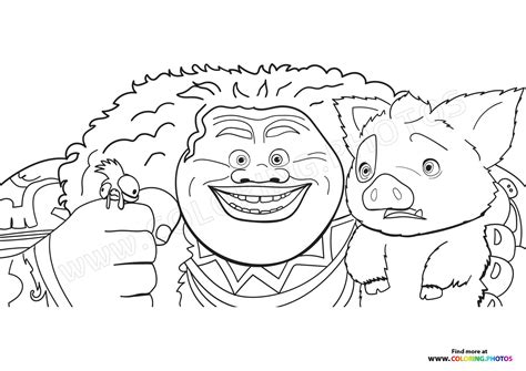 Maui with Pua and Hei Hei Moana 2 - Coloring Pages for kids