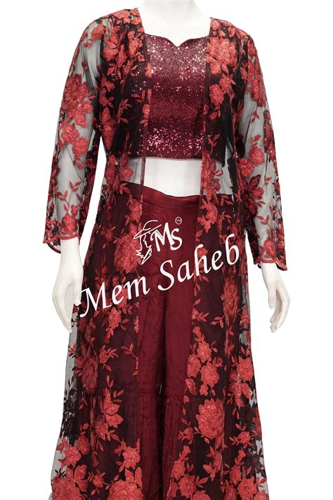 Indo Western Maroon Fancy Jacket with Sequin Blouse and Palazzo - MemSaheb