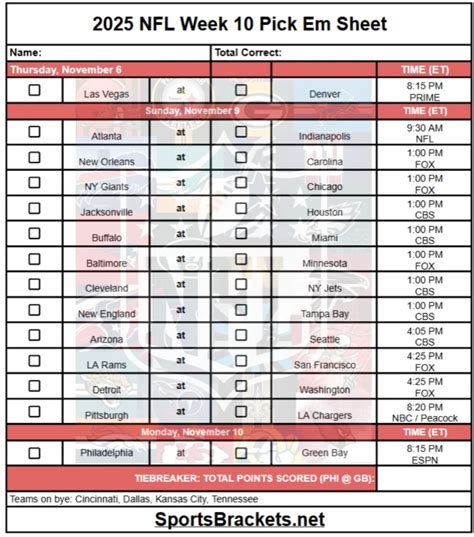 2025 NFL Pick Em Sheet Week 10; Printable, PDF Format - Sports Brackets