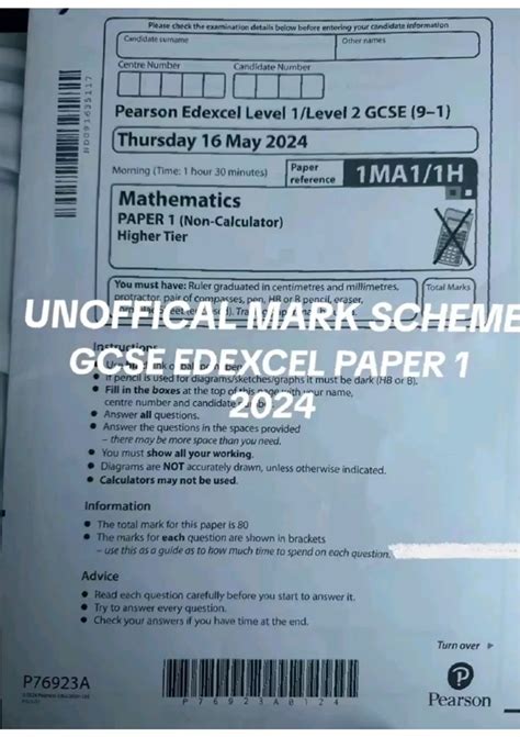 GCSE Edexcel Maths 2024 Paper 1 QP AND UNOFFICIAL MARK SCHEME [VERIFIED ...