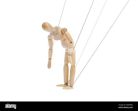 One wooden puppet with strings on white background Stock Photo - Alamy
