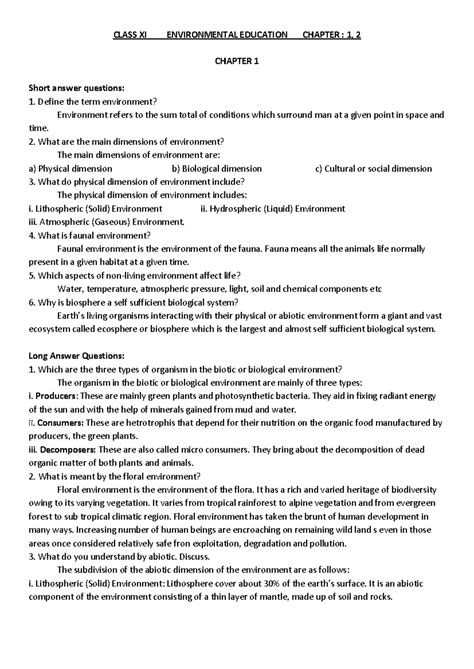 Environment hagaga - CLASS XI ENVIRONMENTAL EDUCATION CHAPTER : 1, 2 ...