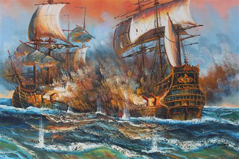 J.harvey Large Oil Painting on Canvas, Ships BATTLE AT SEA, Signed, Framed - Etsy