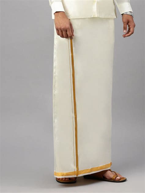 Men Art Silk Double Layer Cream Dhoti with Gold Jari Border Kara Yoga 50k