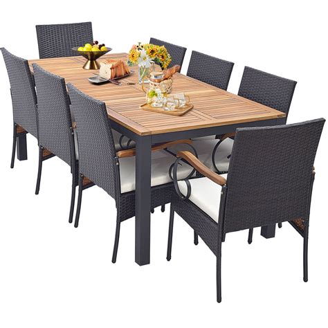 Costway 9 PCS Patio Rattan Dining Set with Acacia Wood Table, Cushions ...