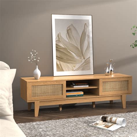 Buy Xilingol TV Stand with Rattan Sliding Doors, Low Profile television ...