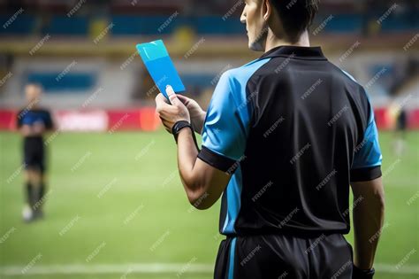 Premium AI Image | Referee Holding Blue Card on Football Match Field