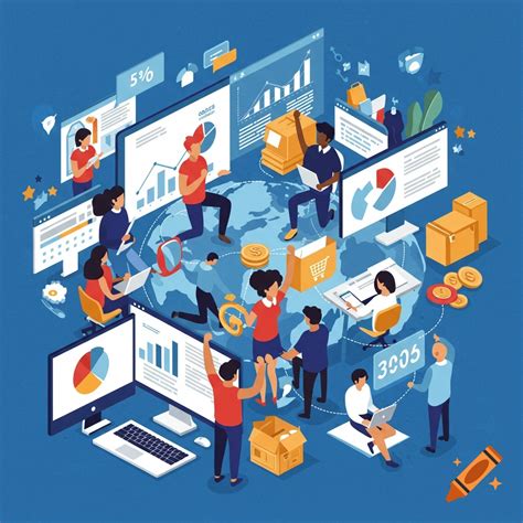 Diverse people interacting with e-commerce elements like charts ...