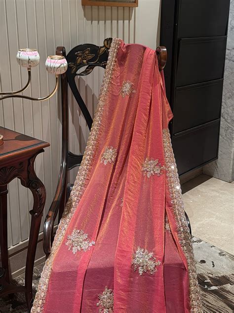 Peach-Pink Shimmer Saree with Golden Sequin Floral Motifs & Heavy Embe ...