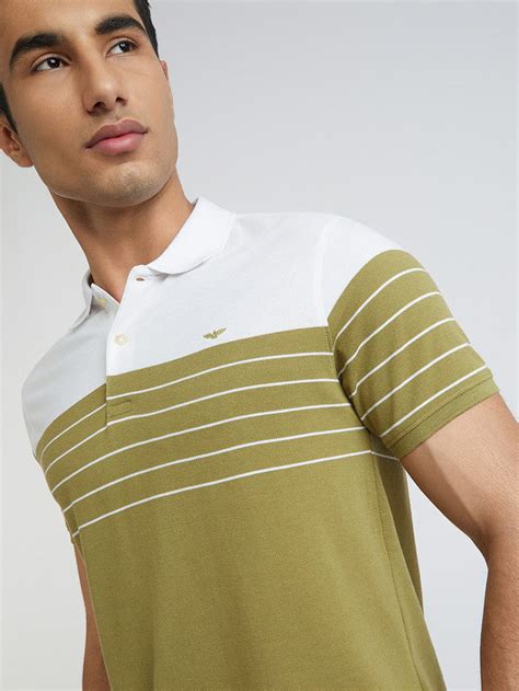 Park Avenue Men Khaki Slim Fit Stripe Polo Neck Collar T-Shirt – MyRaymond