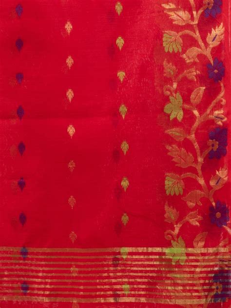 Red Cotton Blend Handwoven Saree With Floral Nakshi Borders – Charukriti