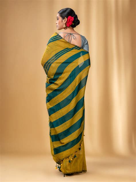 Mustard And Teal Cotton Handwoven Soft Saree With Stripe Pattern ...