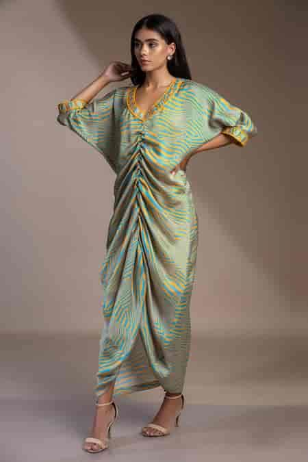 Buy Blue Satin, Georgette Embroidery V-neck Nicobar Ruched Kaftan Dress ...