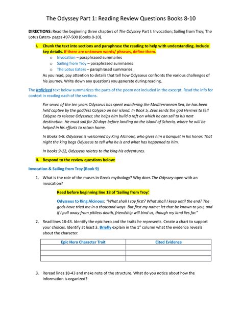 The Odyssey Part 1 Reading Review Questions Books 8-10 - I. Chunk the ...