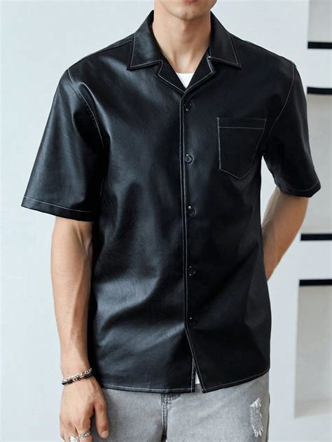 Men Solid Button Front PU Leather Shirt | Mens leather shirt, Black ...