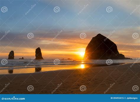 Haystack Rock at Cannon Beach during Sunset Stock Image - Image of ...