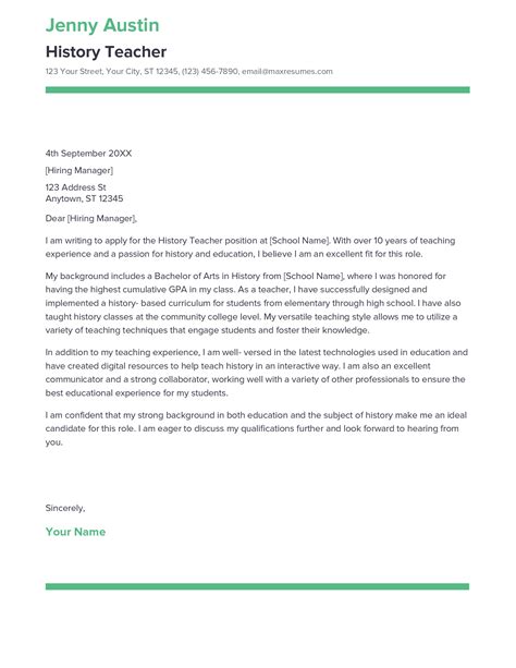 Best History Teacher Cover Letter Example for 2023