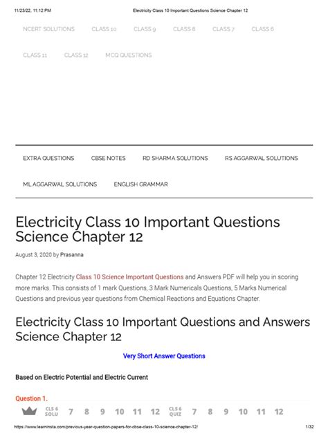 Image result for Class 10 Science Chapter Electricity Questions