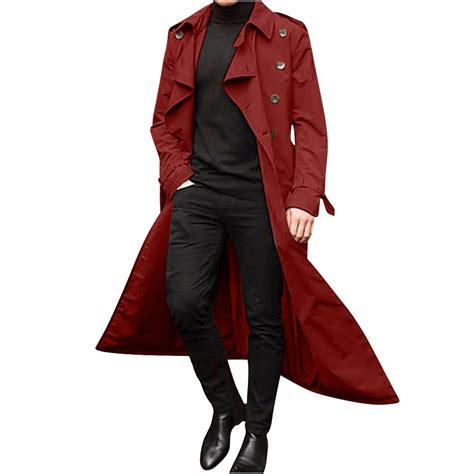 YLSDY Men's Long Trench Coat Double-Breasted Lapel Overcoat Slim Fit ...