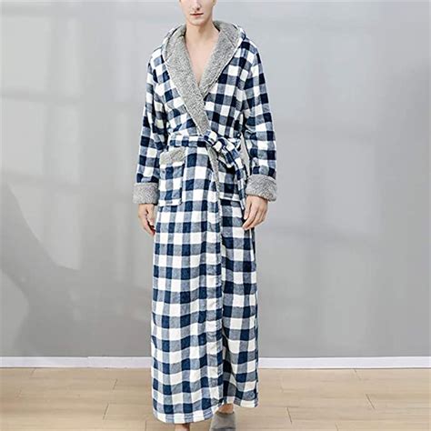 Men's Flannel Long Robes Soft Fleece Warm Housecoats Hooded Plush Plaid ...