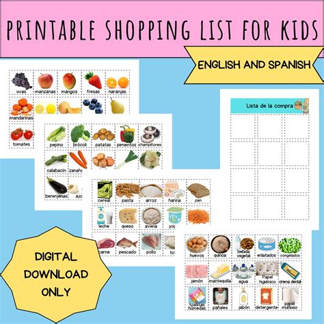 Printable Shopping List for Kids, English and Spanish, Educational ...
