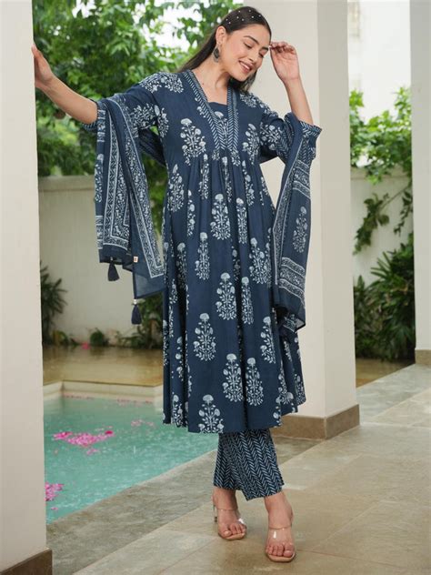 Buy Soft Cotton Floral Anarkali Indigo blue Kurta, Trousers & Dupatta ...