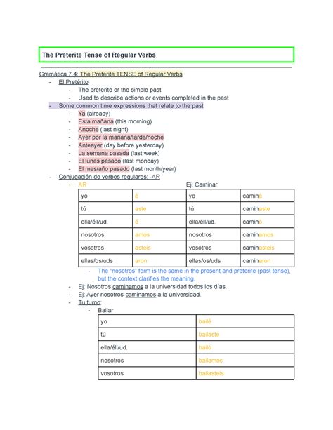 Gramática 7.4 The Preterite Tense of Regular Verbs - The Preterite ...