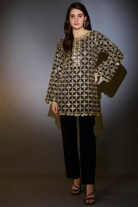 Heavy black tunic with intricate mirror and zari work, with detailed ...