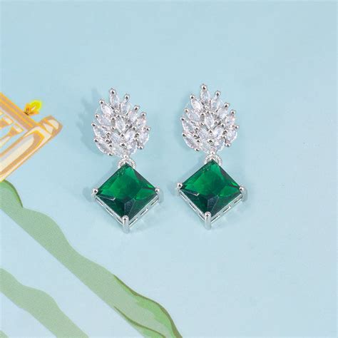 Rhodium Plated Green AD Trendy Drop Earrings – PRIVIU