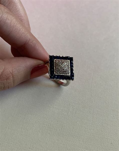 Vintage Silver Tone Navy Blue and Clear Cubic Zirconia Statement Ring ...