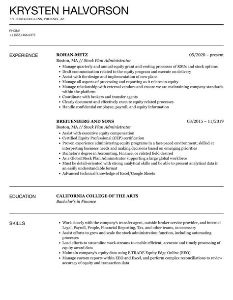 Stock Plan Administrator Resume Samples | Velvet Jobs